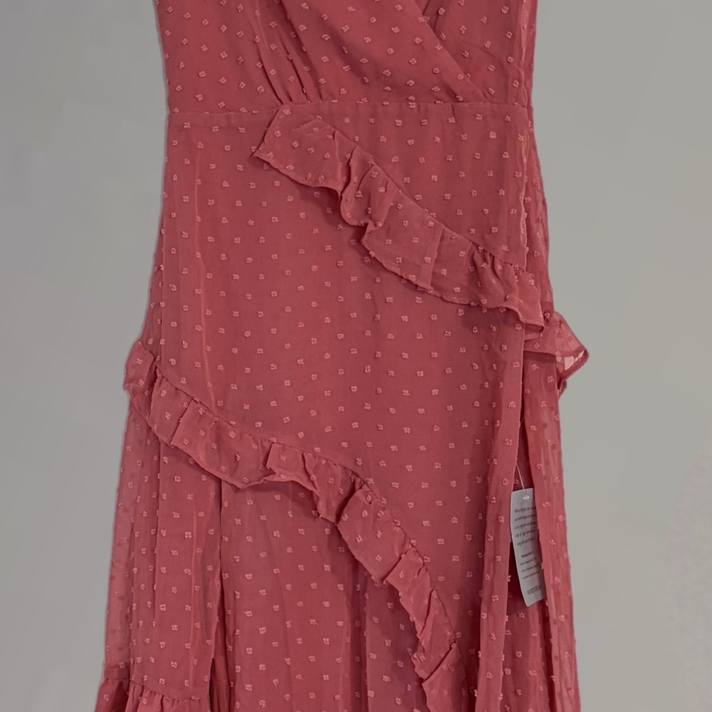 Lulus Swiss Dot Ruffle Midi Dress Women XS Rose Pink NEW Faux Wrap V-Neck Slit - Picture 5 of 9